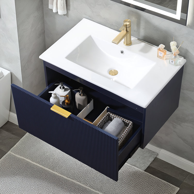 Meuble-lavabo mural simple 30 po avec comptoir en céramique brun, Bleu
