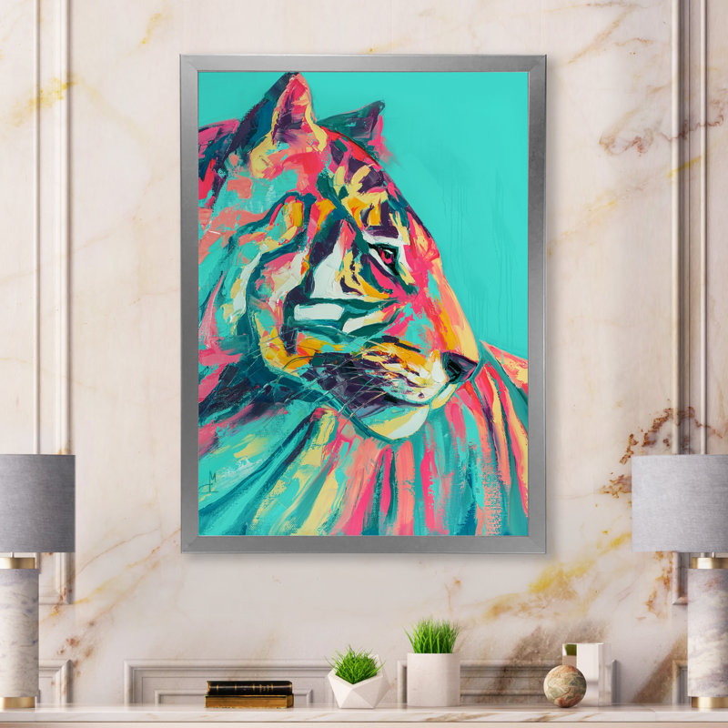 Pop Art turquoise et tigre rose - décoration murale moderne en toile, Toile avec cadre photo argenté
