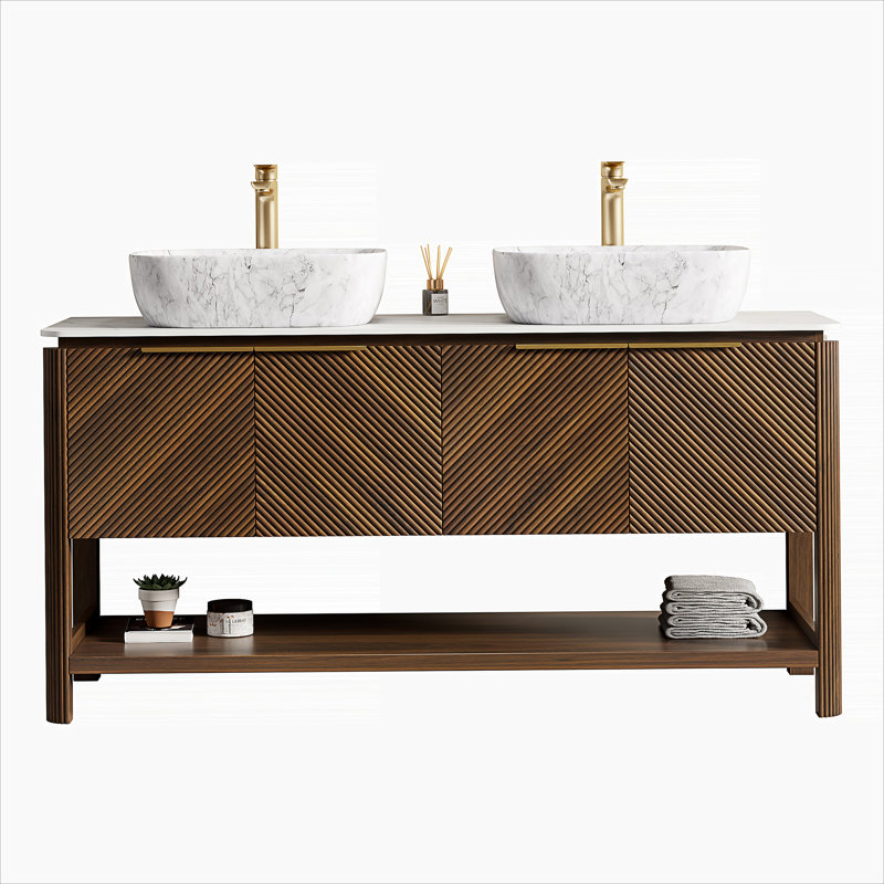 Meuble-lavabo de salle de bain avec lavabo, armoire de rangement autoportante en bois avec portes et tablette ouverte