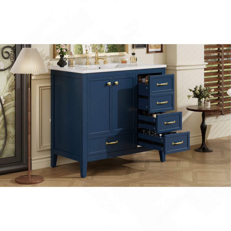 Meuble-lavabo 36 po avec lavabo, armoire de salle de bain avec porte à fermeture en douceur, 4 tiroirs de différentes tailles, structure et pied en bois massif, deux ensembles, bleu
