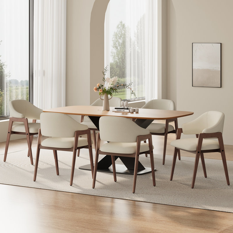 19" H Modern Minimalist Upholstered Linen Dining Armchair with Solid Wood Legs, Oatmeal