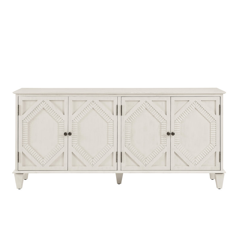 Buffet 65,2 po Mid-Century avec rangement, conception géométrique symétrique, grain de bois élégant, tablette réglable pour objets décoratifs, armoire blanc antique, style moderne, construction, rangement spacieux