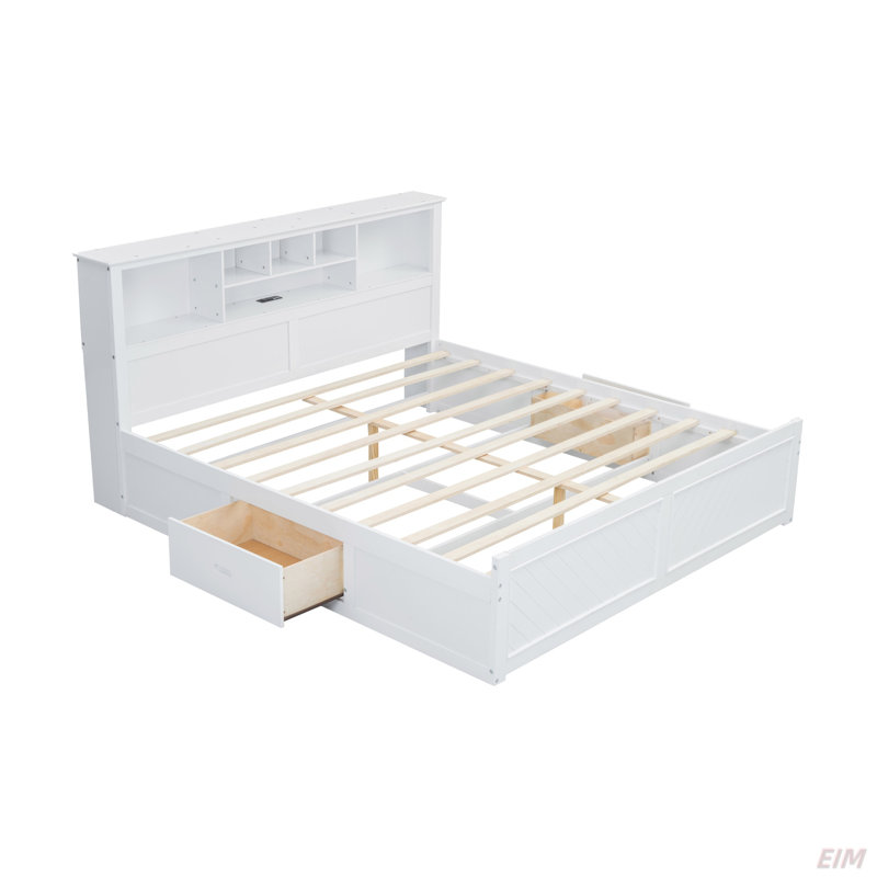 Lit plateforme très grand en bois avec tête de lit multi-rangement, USB et tiroirs (lit), Blanc