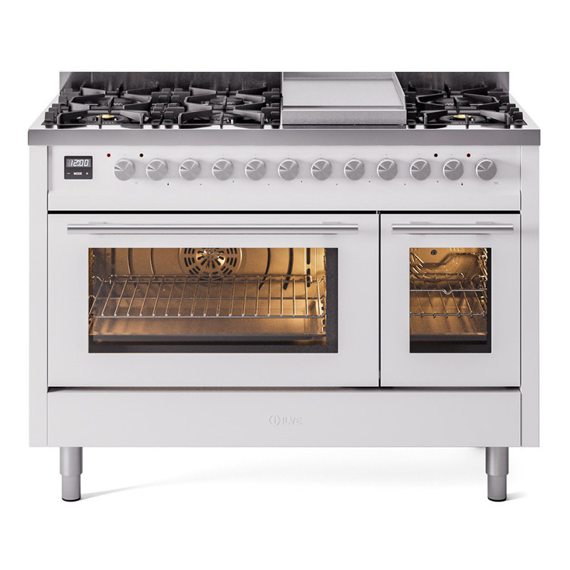 ILVE Professional Plus II 48 Dual Fuel Range, 8 Sealed Burners, Griddle (White), White, Natural Gas