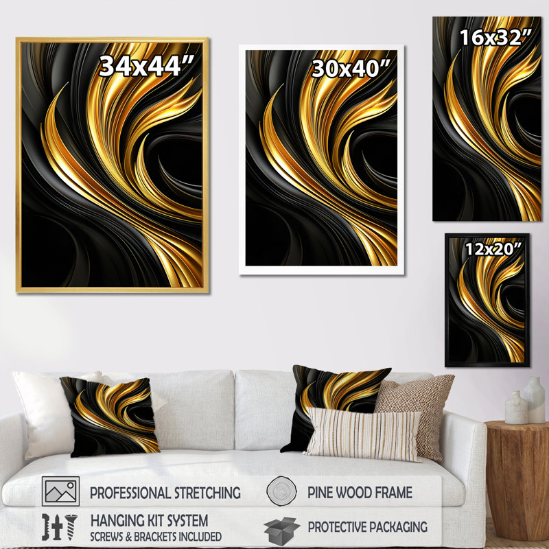 Abstrait or liquide et tourbillon noir - spirales abstraites, art mural, Cadre flottant doré, H 32 po x l 16 po x P 1 po