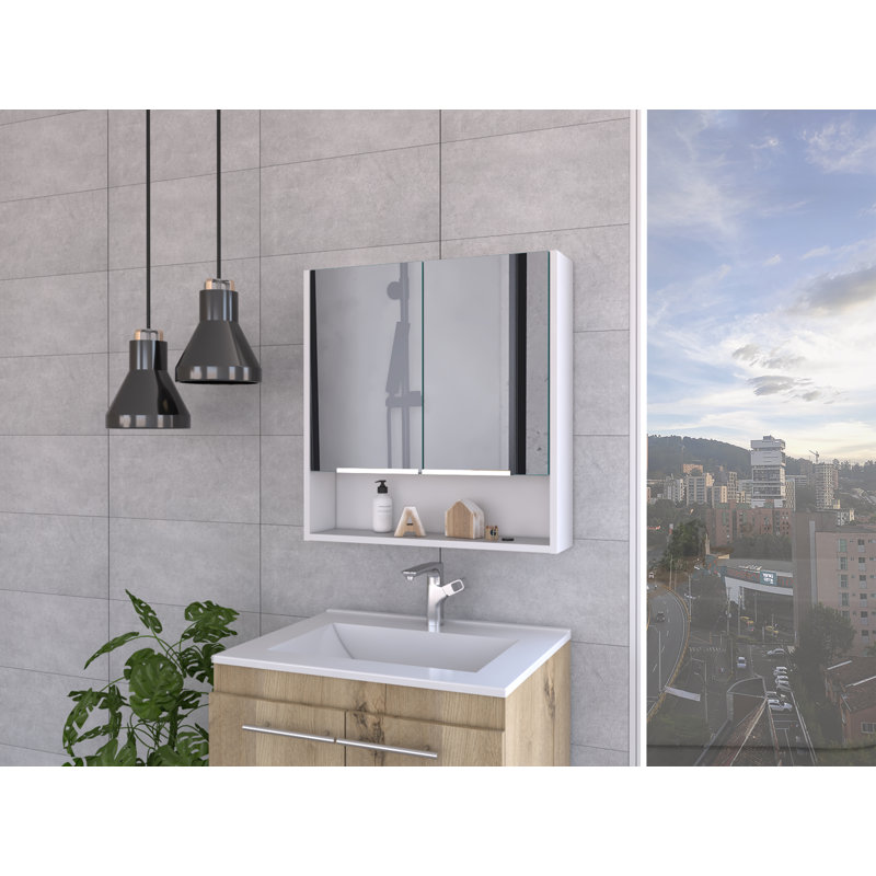 Jaspe 24" Mirror Cabinet w/ 3 Internal Shelves, 1 Open Shelf, and Double Door Cabinet, White