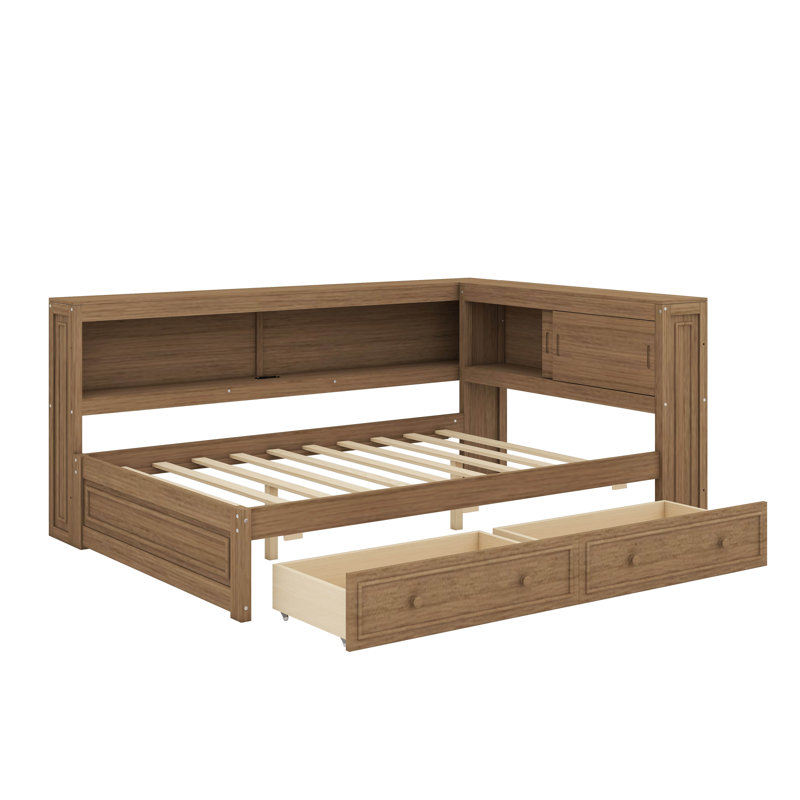 Lit de jour double en bois avec tablettes de rangement intégrées, éclairage USB / DEL et cadre de lit en bois avec deux tiroirs