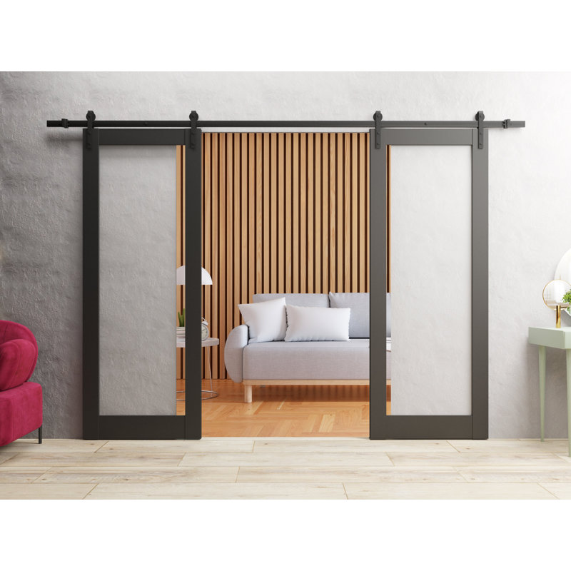 Porte de grange double robuste, verre transparent noir mat 2166 Lucia, ensemble de support de rail de 13 pi lourd