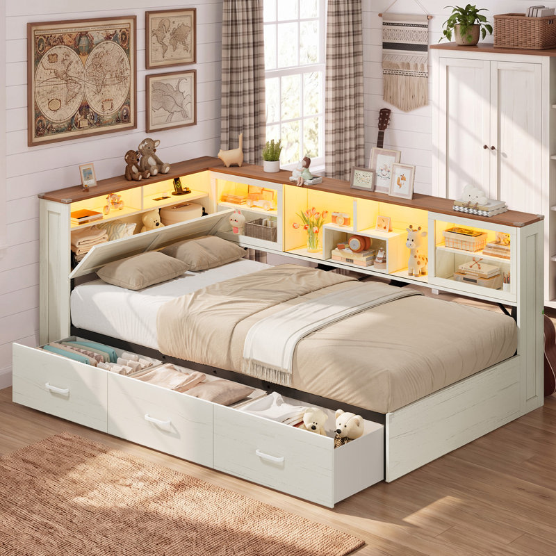 Lit de jour simple avec rangement et tête de lit bibliothèque coulissante en verre, cadre de lit d'angle en bois de style champêtre avec 3 tiroirs de rangement, étagères latérales à 2 niveaux, lumières DEL et station de recharge, lit convertible pour petite chambre, aucun sommier requis