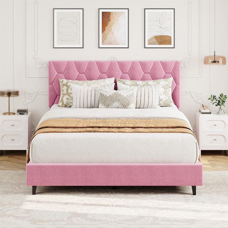 Structure de lit tapissier avec tête de lit, lit plateforme robuste, sans sommier, Lit double, Rose