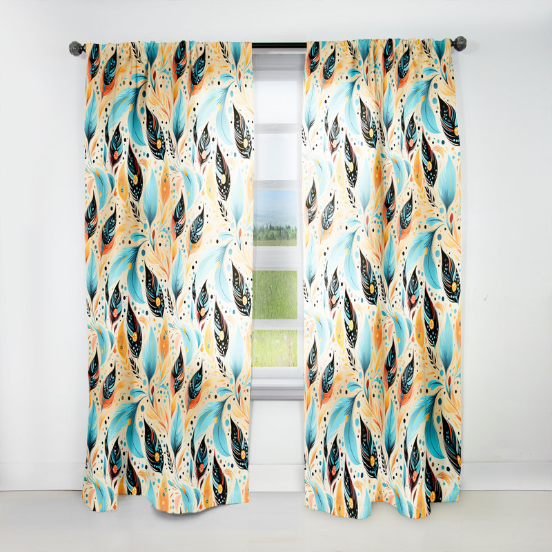 Plumes éclectiques jaunes et bleues Boho - Rideau Boho - Velours obscurcissant - 1 panneau, L 52 po x L 90 po