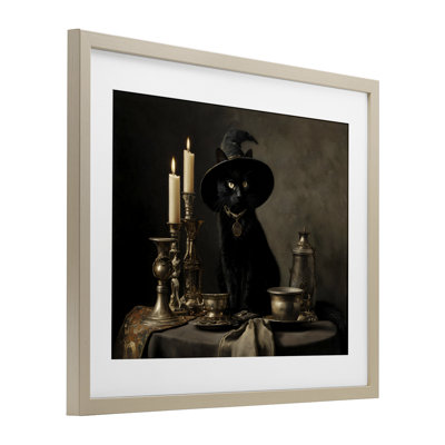 Reproduction sous verre rétro encadrée d'un chat noir Witchy, conception par Arlington Prints