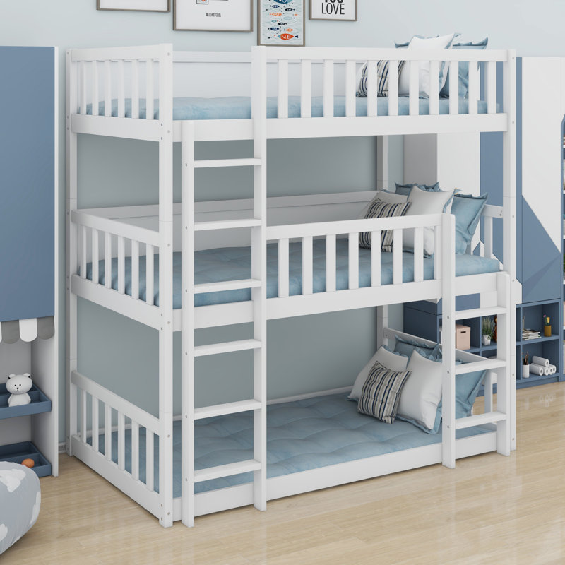 Triple Wood Bunk Bed, With Ladders, Guardrails, White