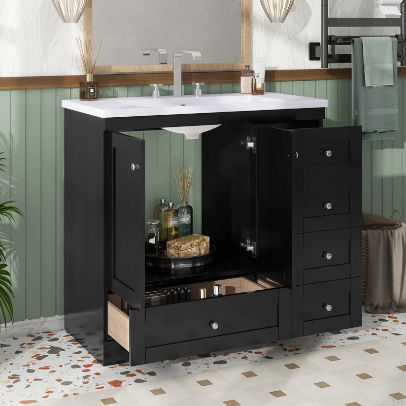 Armoire de salle de bain sur pieds 36 po avec lavabo, 4 tiroirs à fermeture en douceur et 2 portes à fermeture en douceur Shaker