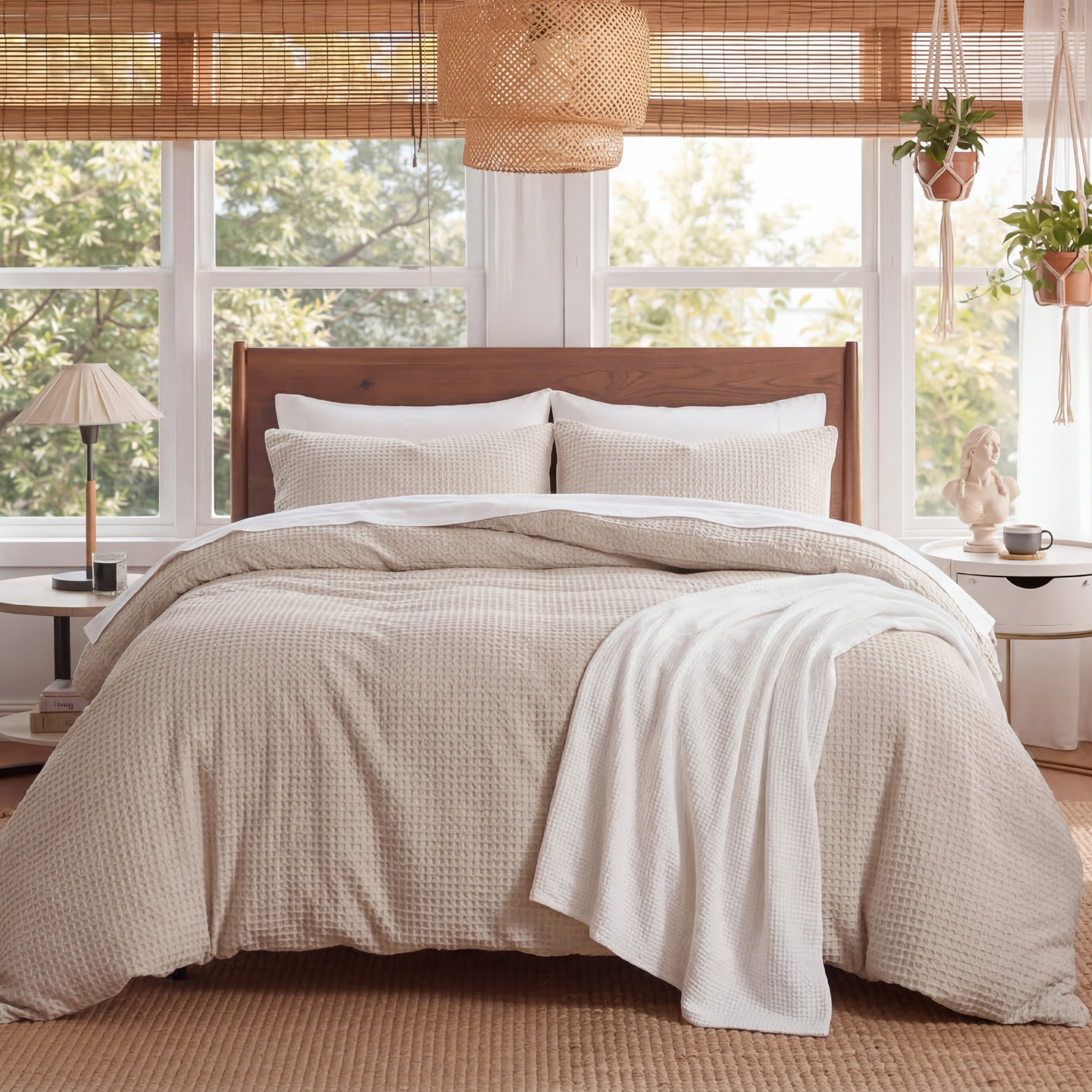 Bedsure Luxury Soft 100% Cotton Waffle Weave Plaid Duvet Cover, Beige, King Duvet Cover + 2 King Shams