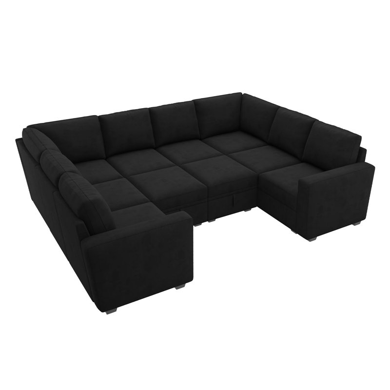 Abramson Velvet U Shaped Sectional Sofa With Storage, Black Velvet