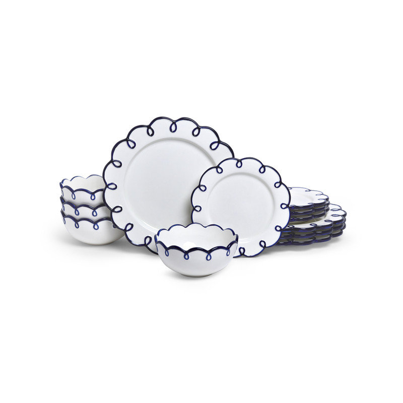 Service de table 12 pièces Sango Dolomite pour 4 assiettes et bols blanc brillant avec rebords festonnés bleu marine, va au lave-vaisselle et au micro-ondes, ensembles de vacances de qualité supérieure, éclaboussures