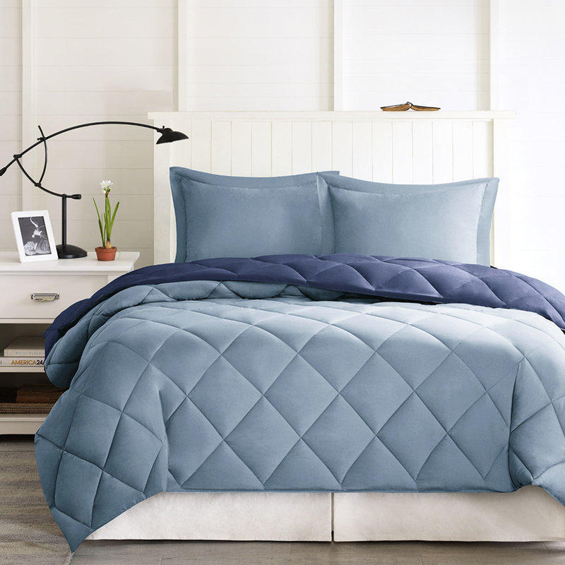 Édredon bleu marine + bleu avec duvet synthétique et bordures réversibles