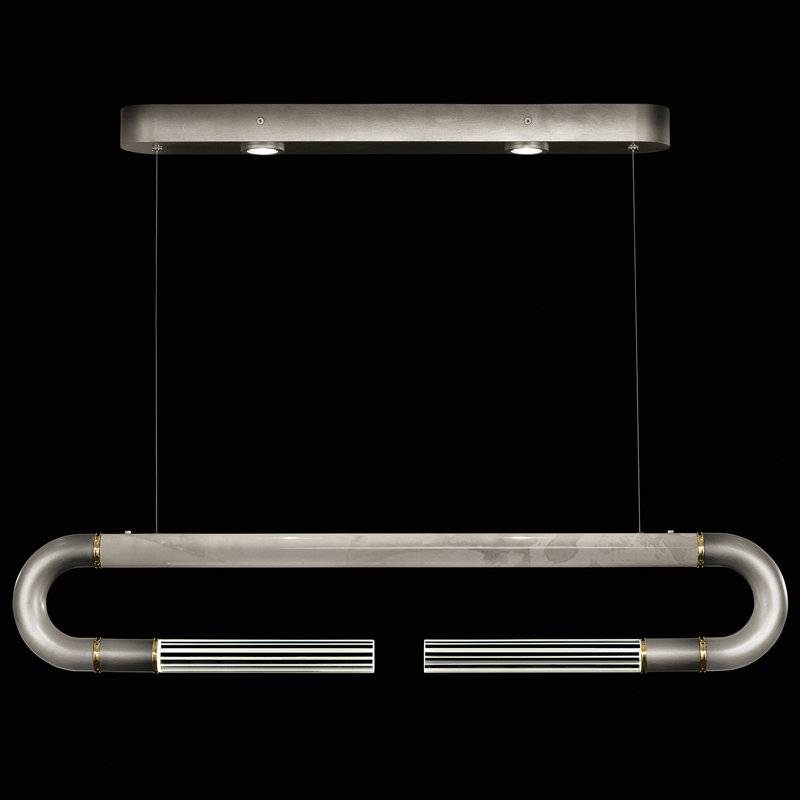 Luminaire suspendu linéaire avec peau Antonia, Ombre argent / laiton / fumée