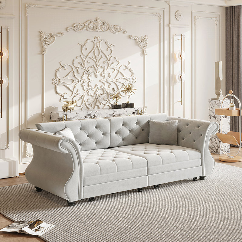 Canapé-lit surdimensionné de 83,8 po Chesterfield avec canapé à accoudoirs roulés et capitonnage pour salon, Gris clair, 3