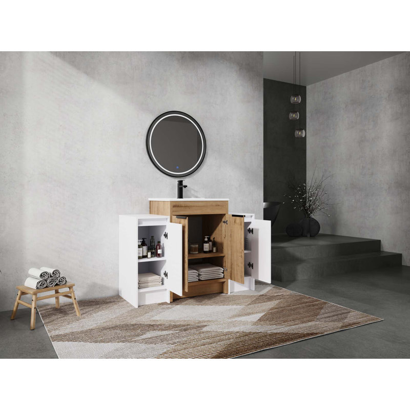 Meuble-lavabo luxueux avec lavabo en céramique et grands armoires de rangement