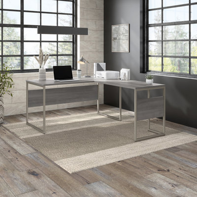 Hybrid L-Shaped Computer Desk Office Set in Platinum Gray - Reversible