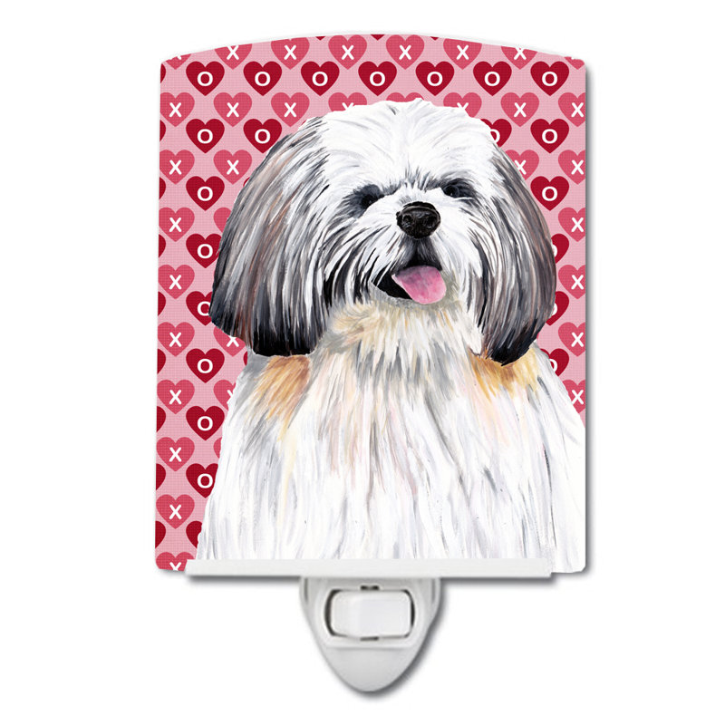 Éclairage pour nuit en céramique keeshond hearts love and valentines, Shih Tzu blanc