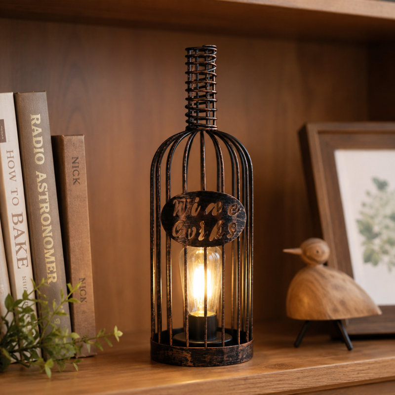 Rustic Metal Bottle Table Lamp with Wine Cork Design & 6 Hour Timer