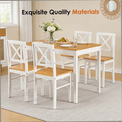 Ensemble de table de salle à manger 5 pièces en bois d'hévéa avec 4 chaises, ensemble de table et de chaises compactes blanc naturel pour petits espaces, appartement, salle à manger, restaurant - surface en bois massif lisse et facile à nettoyer