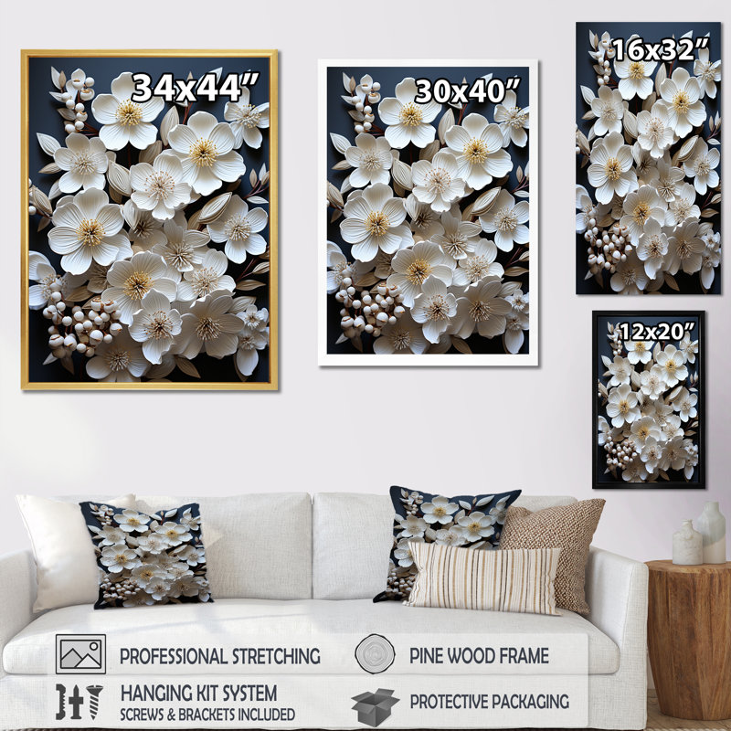 Reproduction sur toile White Dogwood, Cadre flottant doré, H 44 po x l 34 po x P 1,5 po
