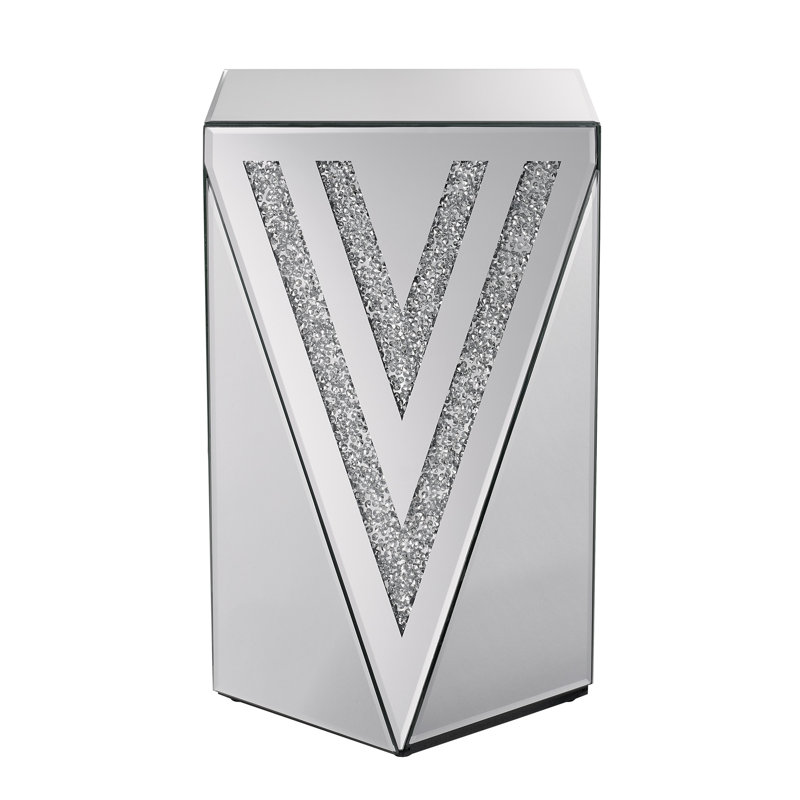 Silver Triangular Mirrored End Table with Crystal Diamond Inlay, MDF and Glass