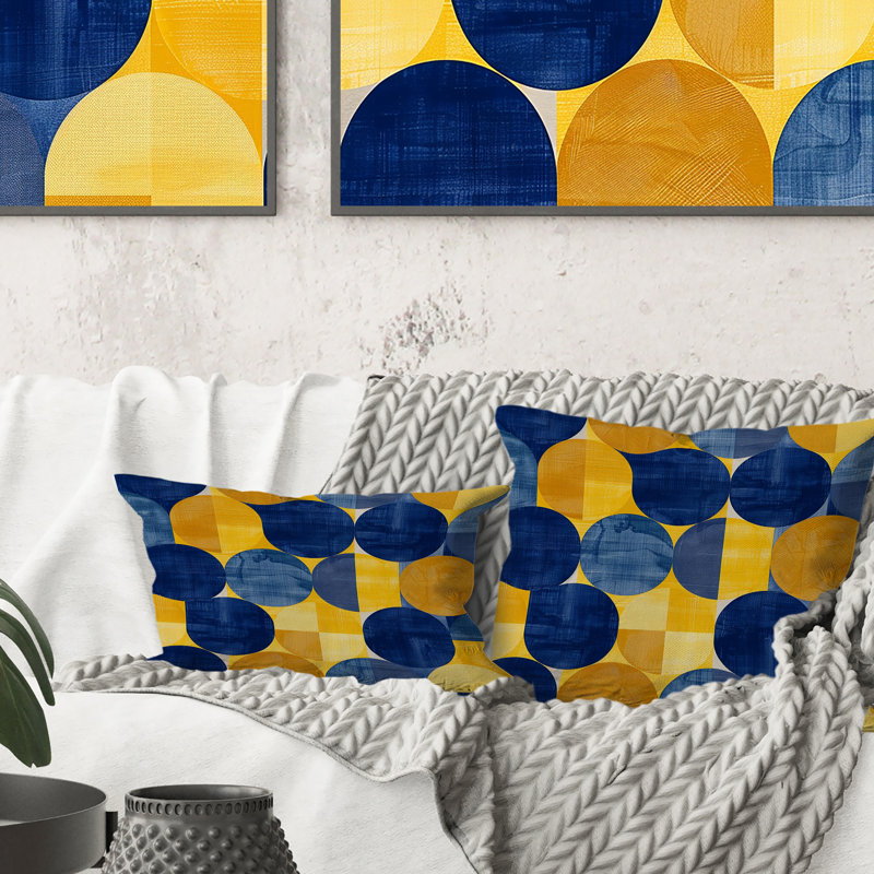 Coussin moderne bleu et jaune Modern Circles II, H 16 po x l 16 po