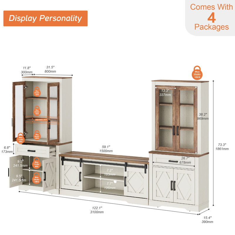 Ensemble de rangement de cuisine Glenford - 3 armoires centrales (2 portes de grange coulissantes) avec deux grands garde-manger (3 tablettes + armoires à portes de grange), H 73,3 po
