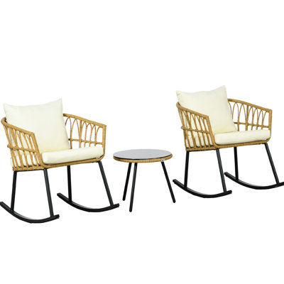 3 Piece Patio Conversation - Cream White Rocking Chairs, Cushion Covers And Table Bistro With Cushions. Chairs For A Peaceful Outdoor Sanctuary. Front Porch Furniture To Sanctify
