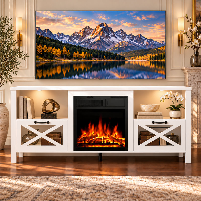 60" Modern TV Stand with 1500W Electric Fireplace & 7-Level Brightness, Media Console for TVs Up to 65"