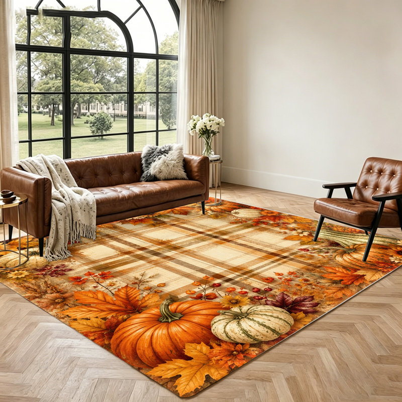 Tapis d'intérieur à carreaux d'automne, motif citrouille et feuille d'érable, décoration festive d'automne, tapis décoratif pour les fêtes de fin d'année, tapis de sol pour salon, chambre, entrée, bureau et salle à manger