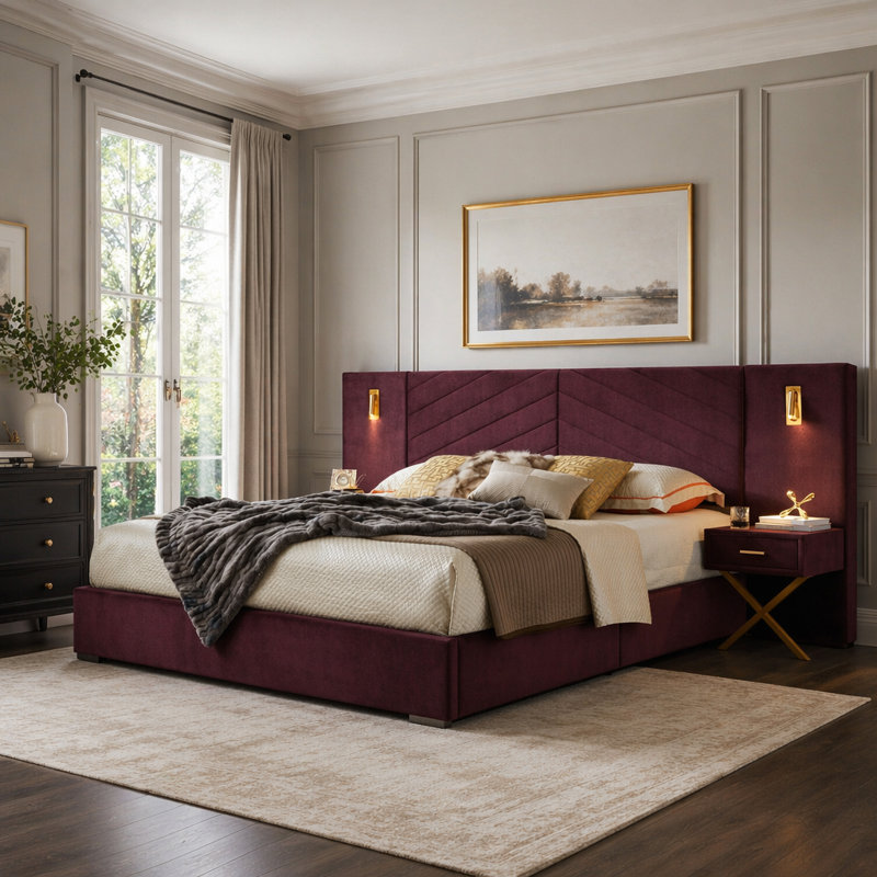 King Size Velvet Bed Frame/Vertical Channel Tufted Wingback Headboard/Upholstered Platform Bed/Strong Wooden Slats/No Box Spring Needed/Easy Assembly