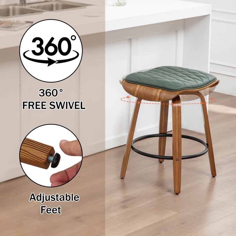 Federica Modern Upholstered Faux Leather 360° Swivel Stools with Curved Wood Legs, Green
