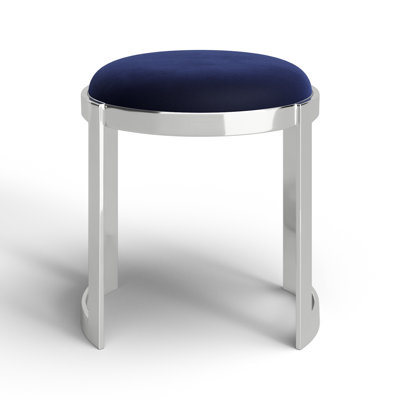 Nouri Metal Vanity Stool - Orion Velvet Ottoman Coffee Table – Modern Round Accent Stool - Silver with Navy Velvet Stool