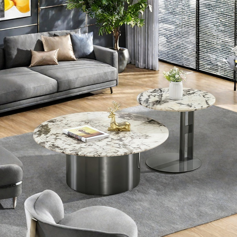 Ensemble de tables basses rondes en marbre, H 13,8 po x L 31,5 po x l 31,5 po, Beige / gris, Gris