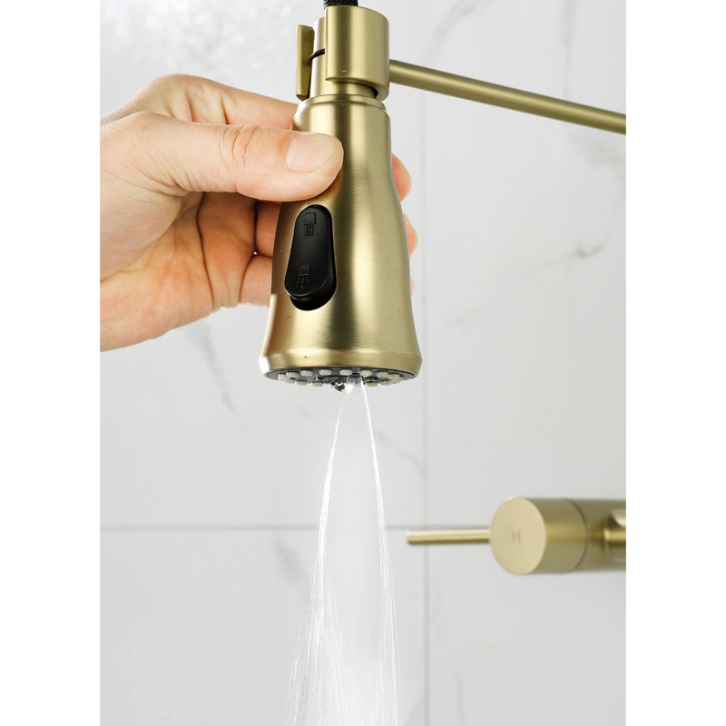 Robinet de cuisine en or brossé - 3 fonctions, jet rétractable, débit d'eau, buse rotative à 360 °, surface de rouille durable avec modes de pulvérisation, jet, installation et entretien faciles