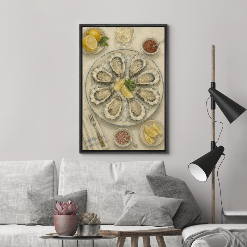 Crème et or, coquille d'huître, plateau de fruits de mer, reproduction d'art sur toile encadrée, 24" H x 16" W x 1.5" D