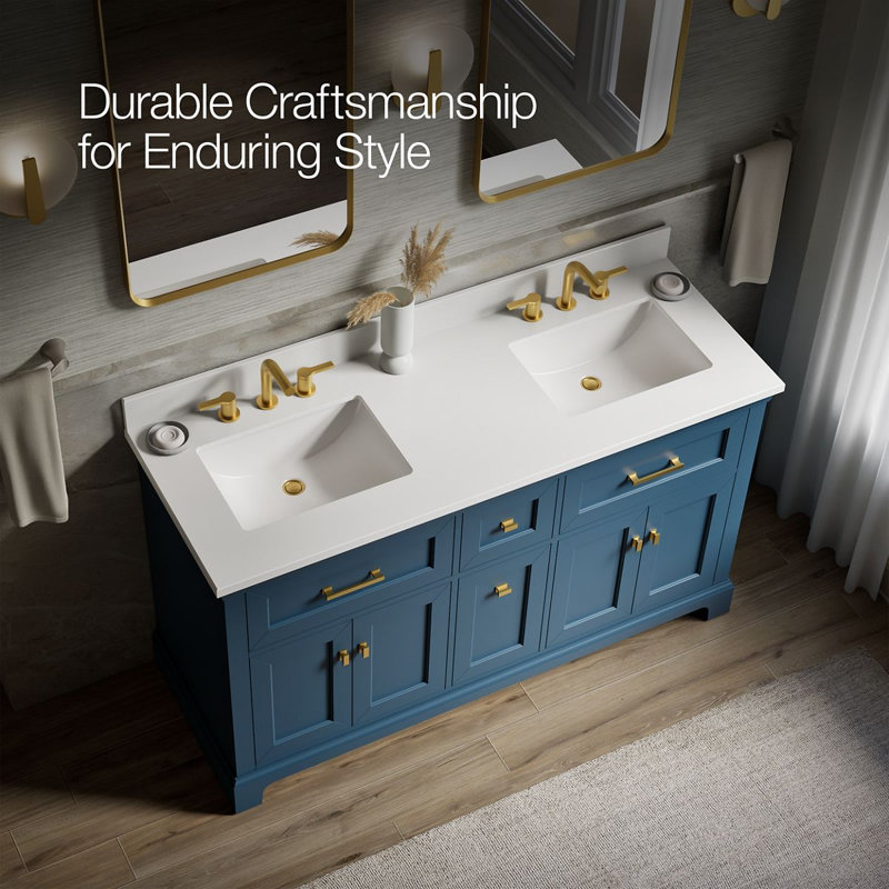 Charlemont 60 In. Bathroom Vanity Cabinet With Sinks And Quartz Top, Tidal Blue