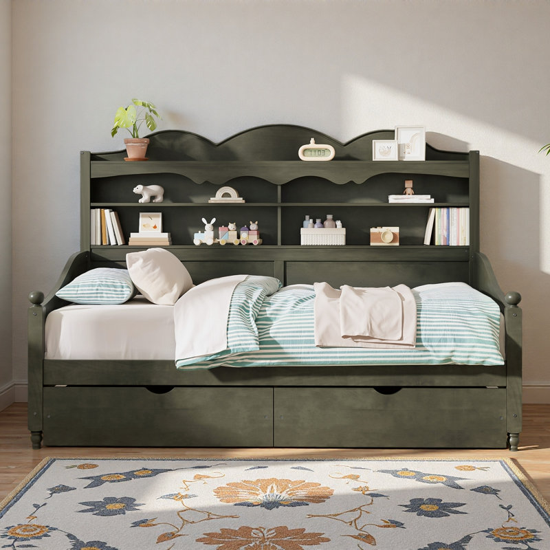 Wooden Daybed With 2 Storage Drawers And Storage Headboard Shelving, Antique Gray