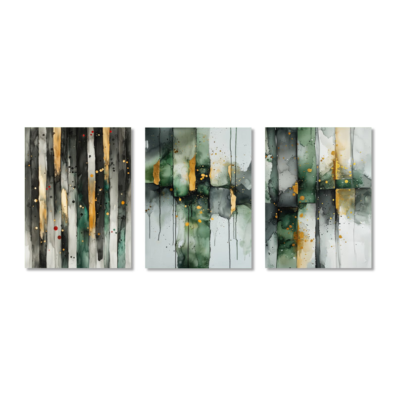«Gold Green Ethereal Optic I», impression d'art mural moderne à 3 panneaux, H 32 po x l 72 po