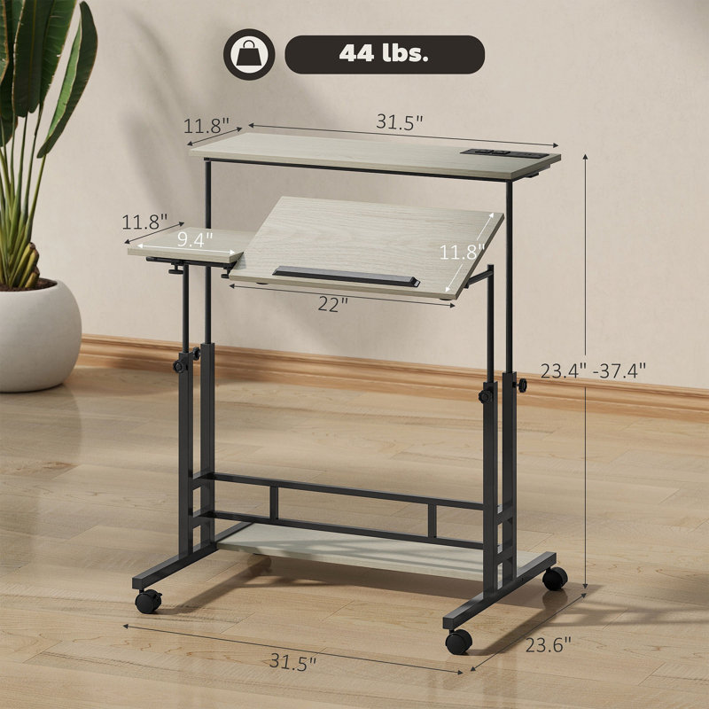 Bureau debout avec prises de courant, bureau à hauteur réglable avec plateau inclinable, roulettes verrouillables, tablette, pour bureau personnel, chêne