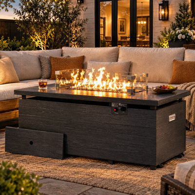 21" H X 51" W Metal Propane Outdoor Fire Pit Table With Lid, Glass Wind Guard, 50,000 BTU Propane Fire Pit Table
