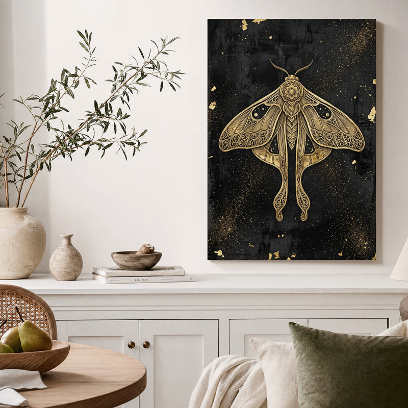 Tableau mural sur toile représentant un papillon de nuit doré orné sur fond noir, H 18 po x l 12 po