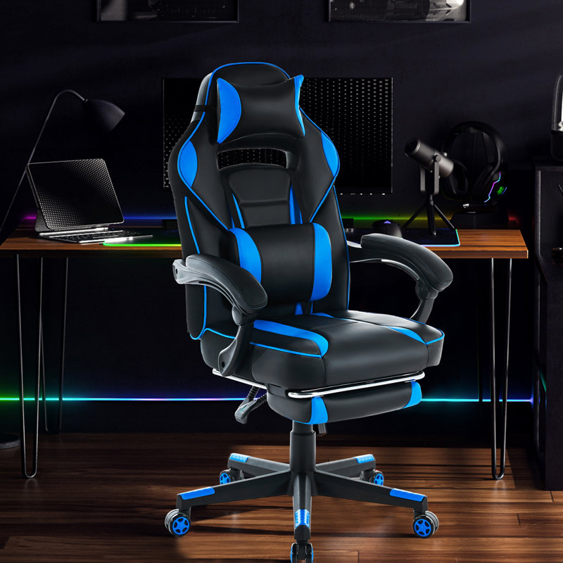 Gaming Chair with Retractable Footrest, Ergonomic PU Leather Computer Chair, Adjustable Height, Blue