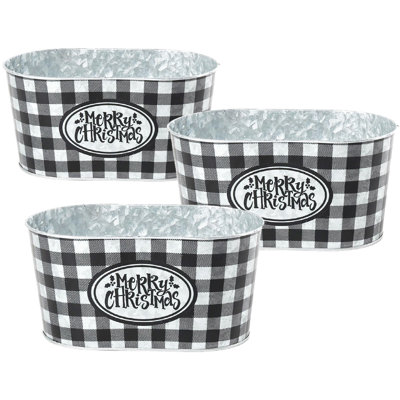 Buffalo Plaid Tin Planter - Set of 3 - 9" x 5.3" x 4.5" - White/Black/Grey/Silver